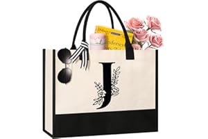 TECANNE Personalized Initial Canvas Tote Bag, Cosmetic Bags, Suitable for Birthday, Wedding, Beach, Holiday, Great Birthday Gifts for Women, Mom, Teachers, Nurses, Best Friends, Bridesmaids (J)