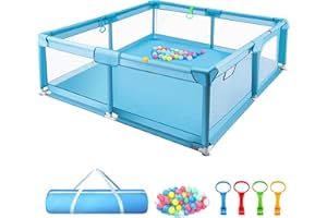 Supernic Baby Playpen for Babies and Toddlers with Mesh Walls, Ocean Balls & Pull Rings Included, for Indoor & Outdoor Use, Toddler Fence - Extra Large Play Yard Breathable Mesh (Blue, 127x127cm)