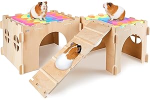 BeBeJoJo Cabane en Bois pour Cochons d’Inde, Maison Cachette pour Petits Animaux avec Rampe, Plusieurs Portes et Fenêtres, Accessoire pour Hamsters et Autres Petits Animaux