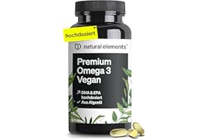 ‎NATURAL ELEMENTS natural elements Premium Omega 3 Vegan – 60 Kapseln – 2000mg Algenöl, 800mg DHA und 400mg EPA pro Tagesdosis – Omega-3 für Veganer – hochdosiert, ohne unnötige Zusätze – laborgeprüfte Qualität