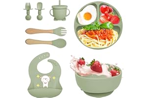 Bizcasa Set Pappa per Bambino, 8 Pezzi, Set Pappa Svezzamento per Bambini in Silicone, Senza BPA, Set di Posate per Bambini Antiscivolo con Ventosa Piatto Ciotola Tazza Bavaglino (Verde 1)