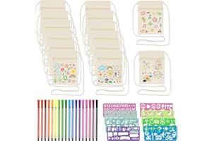 BORISCA 40 Stück Stoffbeutel zum Bemalen kinder, 14 Beutel zum Bemalen mit 18 Farbige Stifte und 8 Malschablonen, DIY Kleine Schultertaschen für Schulen, Bastelkurse, DIY-Geschenke