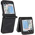 QIWEIQING Compatible for Samsung Galaxy Z Flip 5 Case, PU Leather Cover TPU Bumper with Card Holder Kickstand Hidden Magnetic Adsorption Flip Wallet Case Cover for Galaxy Z Flip 5.Black HX