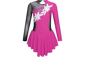 inlzdz Figure Ice Skating Dress for Kids Girls Long Sleeve Rhinestones Mesh Splice Gym Skirted Leotard Dance Performance Costume