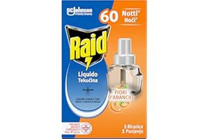 Raid Liquido Elettrico Antizanzare Comuni e Tigre, Ricarica, Fragranza Fiori d'Arancio, 1 Confezione da 1 Ricarica da 36ml, 60 Notti