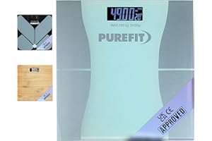 PUREFIT Digital Bathroom Scale for Measuring Body Weight - Ultra Slim, High Precision, Smart Scale with LED Display – Tempered Glass - Weighing Scale with Battery Included LB/KG/ST Max Weight 180KG