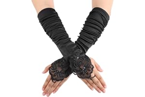 Giantree 1 pair Women 20s Fingerless Satin Gloves, Black Long Opera Gloves with Finger Loops, Formal Bridal Banquet Party Wedding Opera Colorful Mitten, for Women Theme Party Halloween Costume (Black)