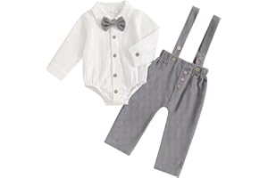 Himllauen Infant Baby Boy Autumn Gentleman Set Toddler Long Sleeve Lapel Neck Shirt Romper with Button-up Bow Tie Pants 2 Piece Newborn Boy Winter Outfits