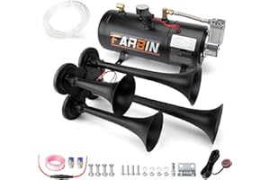 ‎FARBIN FARBIN 178 dB 4 Trumpet Horns Train Horn Kit for Trucks, Super Loud Air Horns with 150 PSI 12 V Air Compressor, Air Tank Can Be Used for Jeep SUV Train Metal Black (0.8 gal 12 V Black Air Horn Kit)