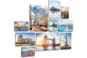 Giallobus - Ensemble de 10 peintures Multi-Panneaux - Città célèbre - Bois MDF - | 2 x 42x29,7cm | 4 x 29,7x21cm | 4 x 21x14,85cm | - Prêt à accrocher - Tableaux d'intérieur