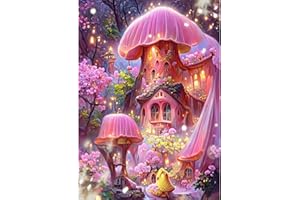 QENSPE 5D Diamond Painting Kits, Mushrooms Diamond Art Kits for Adults, Full Drill Fairy Tale Castle Diamond Painting Kits for Beginner Crystal Picture Art for Home Wall Decor 30x40cm