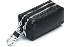 RRvane Genuine Leather Car Key Case, Unisex Double Zipper Keychain Wallet Coin Purse Bag with Metal Hook (Black)