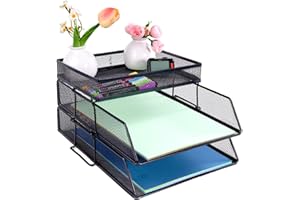 HMXLJJY 2 Tier Mesh in Trays，Stackable Office Desk Tidy File Holder with Top Stationery Holder，Paper Document Letter Trays for Office School and Home Black