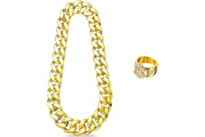 GEGXCN 2pcs Hip Hop Costume Set With Fake Gold Chain & Accessories - 80s/90s Rapper Style Necklace and Ring for Men, Women, Kids - Perfect for Disco, Fancy Dress, Carnival, and Themed Parties