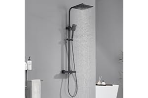 Auralum Columna Ducha Negra con Grifo Ducha Termostatico de Latón y Rociador Ducha Cuadrado 254x254mm, Alcachofa de Ducha 85x85mm, Columna Altura Adjustable entre 818-1248mm