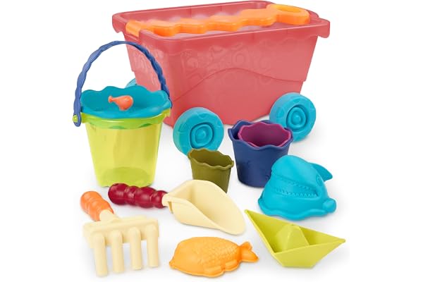 Li'l Woodzeez B. Toys - Wavy-Wagon - Rouge - Chariot et Jouet de Plage - 10 Jouets de Sable - Jeu de Plage - Jouet d'été pour Enfants - 18 Mois et +