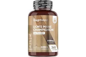 WEIGHTWORLD Lions Mane Champignon 2000mg 365 Micro-Comprimés Vegan (1 An), avec Poivre Noir Fournit 50% de Polyphénols, Extrait d'Hericium Erinaceus 25:1 Champignon Crinière de Lion sans Stearate de Magnésium