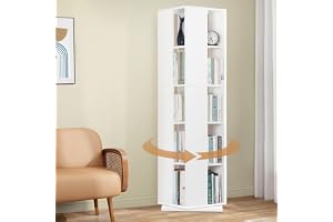 ABOUT SPACE Rotating Book Shelf for Home Library - 5 Tier 360° Book Rack DIY Wooden Book Stand with Partition & Bottom Turnplate for Office, Livingroom, Bedroom (White - L 38 x B 38 x H 150 cm)