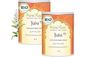 ‎PURERAW Tulsi Pulver Bio (Vegan Ayurvedisch) Heiliger Basilikum - Königsbasilikum - Indisches Basilikum ohne Zusatzstoffe - Abgefüllt & Kontrolliert in Deutschland | PureRaw 2er-Pack (2x 40g)