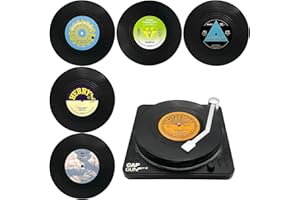 TOTHDATE 6er-Set Schallplatten Untersetzer Set mit Halter, Rund Vinyl Untersetzer rutschfeste Getränke Untersetzer Kaffee Tee Untersetzer Neuheit für Getränke Bars Cafés Home Pub Partys, Stil 2