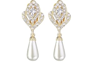 EVER FAITH® - Oro-Tono Cristal Austriaco Crema Perla Simulada Flor Bud clip Colgado Pendientes Claro N03405-3