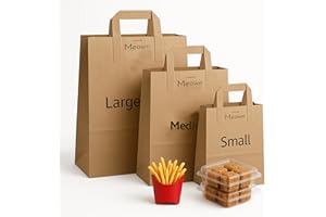 Meown Brown Paper Bags with Handles – Recyclable Kraft Carrier Bag, Flat Handle Food, Gift & Takeaway Bags, Durable & Biodegradable Paper for Retail, Grocery, Weddings, Parties – (50, Medium)