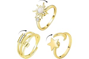 VOOSFSIE 3-pack guld ångestringar, måne stjärna sol ångestlindrande ringar rostfritt stål anti-stress spinner ring med pärlor