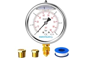 Manomètre Hansfelds 0–6 bar/psi, cadran 63 mm, raccord inférieur en laiton G1/4" BSP, rempli de liquide (glycérine), classe de précision 1.6, inclus 2 réducteurs 3/8" et 1/2".