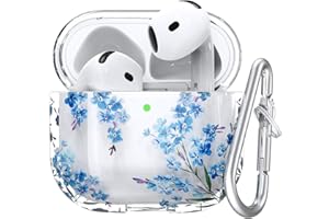 VISOOM Kompatibel mit Airpods 4 Hülle 2024, Weiches Stoßfest Transparent TPU Niedlich Apple AirPods 4 Case Hülle mit Karabiner, Unterstützung drahtloses Aufladen(Blaue Blume)