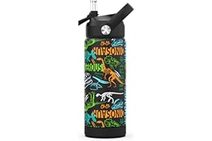 Ntswasd Trinkflasche Edelstahl Strohhalm-Thermosflasche 550ml-BPA Frei-Auslaufsicher-Thermo Wasserflasche für Schule,Sport,Kinder,Fitness(Dinosaurier)
