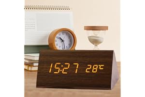 Zfish Digital Alarm Clock, Wooden Electronic LED Time Display & Temperature Detect, USB Port, 3 Alarm Settings, Wood Made Electric Clocks for Bedroom, Bedside (Brown)