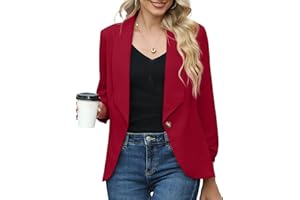 PrinStory Blazer Ouvert sur Le Devant pour Femme - Manches 3/4 froncées - Style décontracté - pour Le Travail et Le Bureau