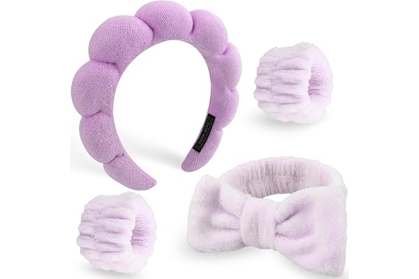 DRESHOW Bandeau Spa pour le Lavage du Visage Set de Poignets Éponge doux Bandeaux en Tissu Éponge pour le Maquillage et Les Soins de la Peau Bandeau Antidérapant pour Femmes 4 Pièces