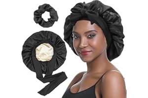SENGTERM Bonnet Satin Cheveux Nuit Couche Double Bonnet en Soie pour Cheveux bouclés Cheveux naturels -aille de tête Ajustable Bonnet de Nuit pour Femmes