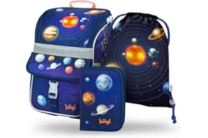 Baagl Ensemble de 3 sacs d'écolier Zippy pour garçons et filles - Sac d'école pour 1ère classe - Cartable primaire avec sangle de poitrine - Sac à dos ergonomique, Planètes, Ensemble cartable