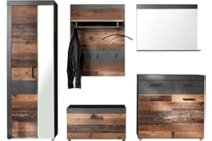 ‎TRENDTEAM SMART LIVING trendteam smart living - Indy - Garderobenkombination - Eiche/Grau - Garderobenschrank, Sitzbank, Paneel, Schuhschrank, Spiegel - (BxHxT) 265 x 192 x 37 cm - antikfarbene Griffe