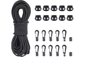VirtuGro 20M Bungee Cords with Hooks 5MM Elastic Rope with 10pcs Bungee Shock Cord Hooks and 10pcs Plastic Clips for Drawstrings, Heavy Duty Elastic Rope for Tarpaulin Trailer Backpack Tene Luggage
