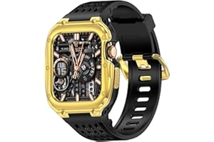 VISOOM TPU Watch Strap with Metal Case Compatible with Apple Watch Strap 45mm 44mm, Men Rugged Stainless Steel Protective Bumper Cover Replacement iWatch Bands for Series 9/8/SE/7/6/SE/5/4