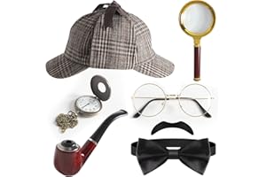Cevikno Zestaw akcesoriów do kostiumu detektywa, 7 sztuk, kostium Sherlock Holmes z kapeluszem detektywistycznym, lupą, metalowe okulary męskie, mucha broda, lata 20., detektywa, Cosplay, rekwizyty na