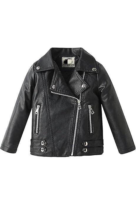 Veste En Simili Cuir Motard Pour Enfant - Col Montant - Fille Et Garçon 1 à 12 Ans - Taille 1-2 Ans à 11-12 Ans - Style Blouson Moto
