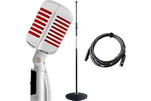 Pronomic DM-66R Microphone Dynamique Set - Vintage pour Chant Micro Vocal Classique rétro - Set économique Comprenant Un Pied de Micro et Un câble XLR - Argent/Rouge