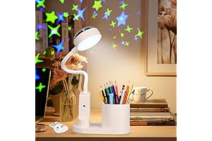 Zaxiva Schreibtischlampe Kinder, LED Dimmbar Tischlampe 3 Modus Deraufladbare Nachttischlampe, 360° Verstellbar Schwanenhals Leselampe mit Stern Projektion & Bleistifthalter für Schlafsaal Büro