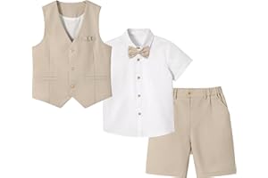 LOLANTA 4 pièces Costume Garcon Mariage Ete, Tenue Enfant Garcon Ceremonie, Vêtement Baptême Anniversaire Garçon Page, Ensemble Costume Short Lin Gile Chemise avec nœud Papillon