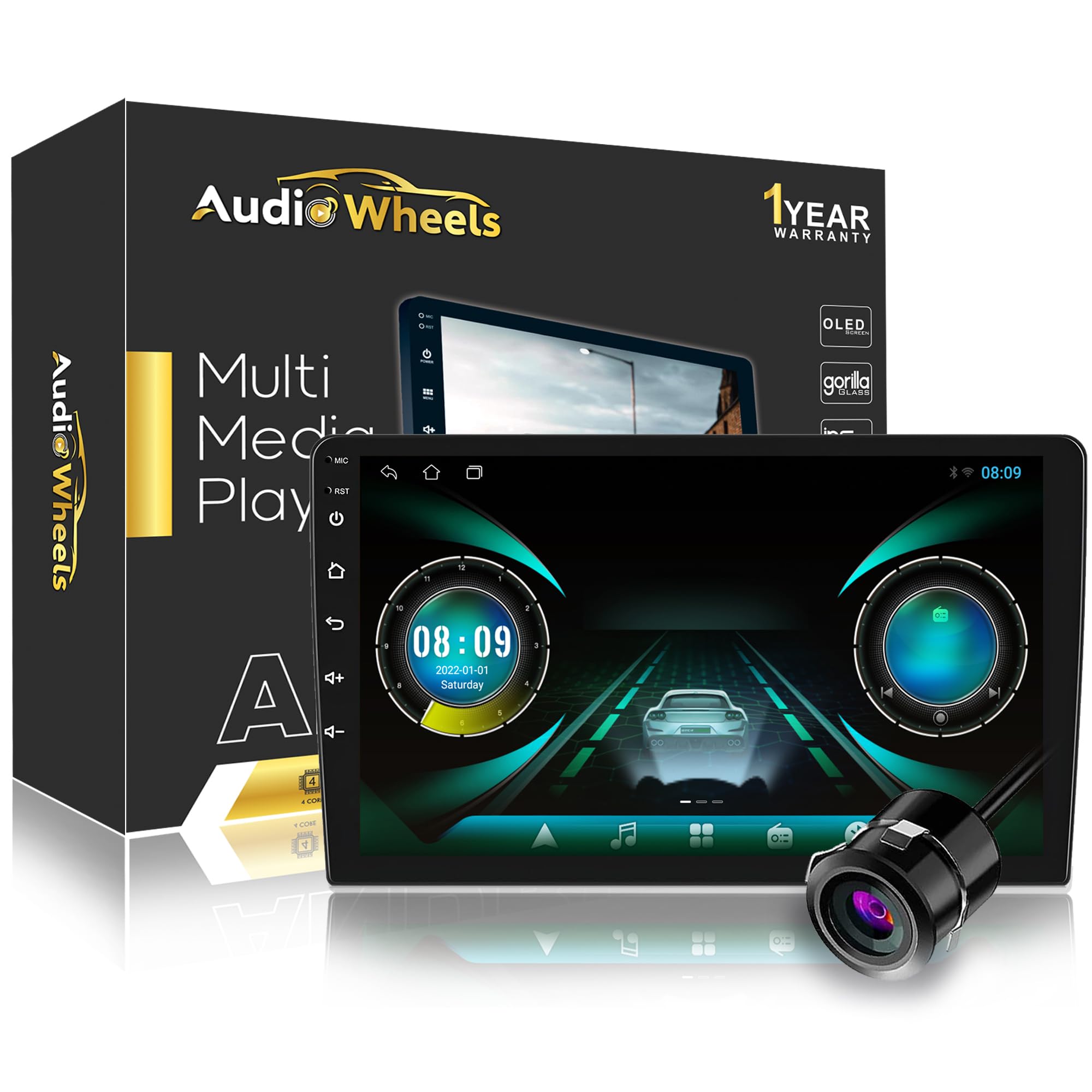 Audio Wheels Double Din Car Stereo 9" 1G+32G Android 12 Multimedia BT Player Touchscreen with Mirror Link Split Screen GPS Navigation WiFi USB + LED Rear View Camera+GPS Antenna+Microphone (9 INCH)