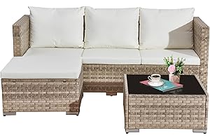 AFURNI 3-Piece Rattan Garden Furniture Set, 4 Seater Outdoor Sectional Sofa with Ottoman and Coffee Table, Grey Wicker with White Cushions