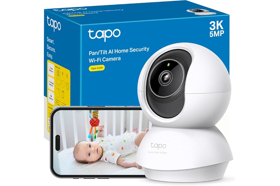 Tapo C230 - IA Cámara Vigilancia 360°, 3K 5MP, Alarma Sonora/Luz, Visión Nocturna, Audio Bidireccional, AI Detección Movimien
