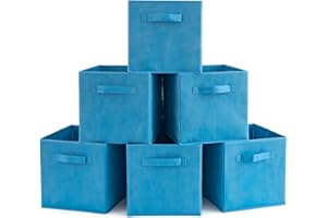 EZOWARE Set of 6 Collapsible Fabric Storage Cube Organiser Bins, Collapsible Basket with Handles For Home, Kids Baby Nursery Room, Closet Toys Organisation, 26.7 x 26.7 x 27.8 cm / Niagara Blue