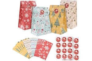 YUKIYI 24 torby świąteczne małe torby na prezenty z naklejkami uszczelniającymi płaskie dno świąteczne torby papierowe torby na prezenty małe wielopak świąteczne torby na słodycze torby imprezowe cukierki