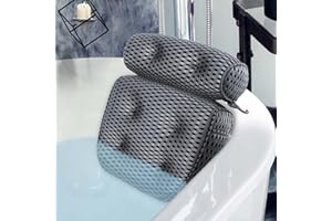 Vessgra Bath Pillow for Tub, 4D Air Mesh Bathtub Spa Pillow with Side Pocket for Accessories, Luxury Bath Pillow Support Head, Neck, Shoulder, Back for All Bathtub, Hot Tub, Home Spa, Grey