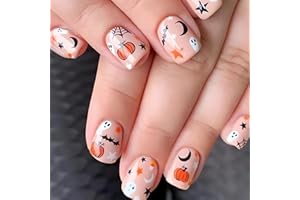 Ceboic 24 Pezzi Halloween Unghie Finte Corte Quadrate, Francese Stampa Sulle Unghie Carino Zucca Disegno Acrilico Copertura Completa Premere Sulle Unghie per Donne e Ragazze